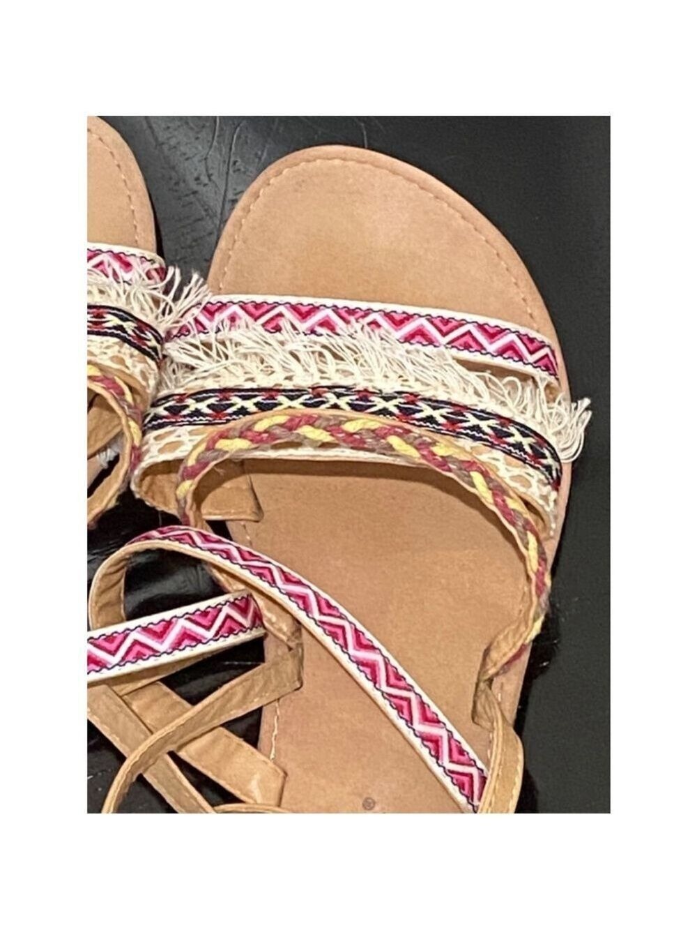Roper Women's Sandals Tan Pink Blue Yellow Fringe Size 9 - Picture 4 of 11